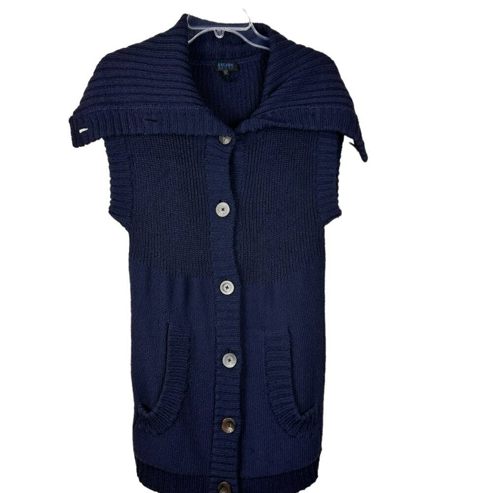 Escada Sport Wool Buttons Sweater Long Thick Cardigan Short‎ Sleeve Blue Large